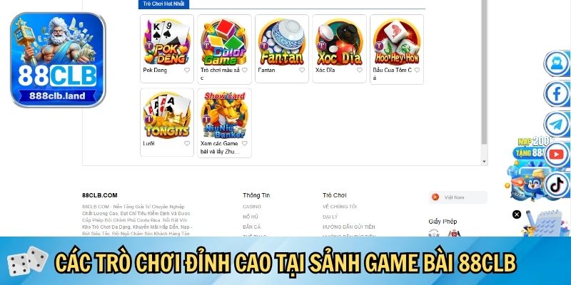 Các trò chơi đỉnh cao tại sảnh game bài 88CLB