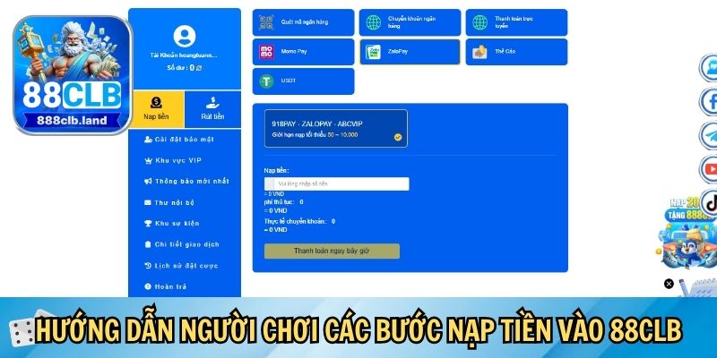 Hướng dẫn người chơi các bước nạp tiền vào 88CLB